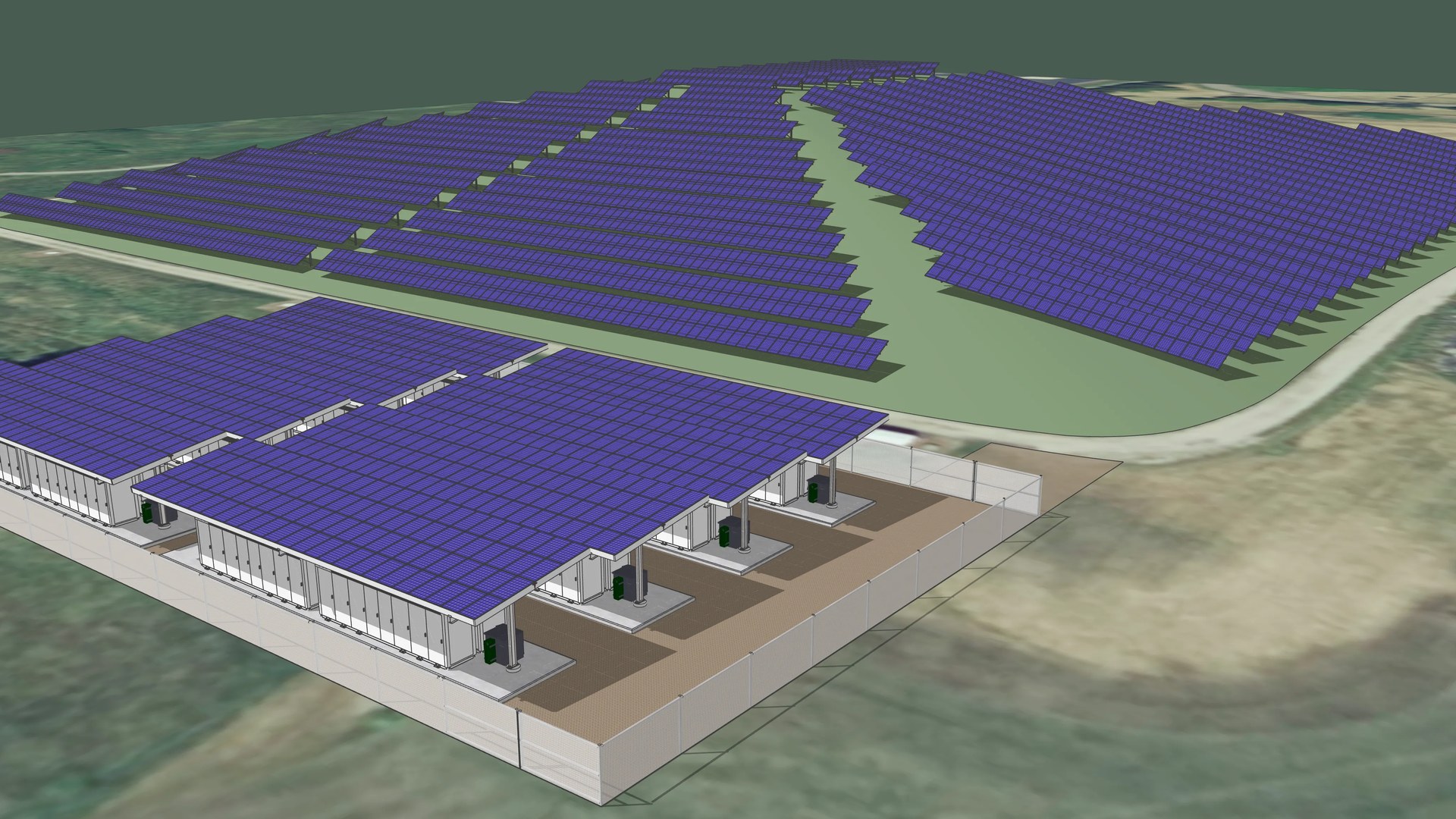 Illustration of Tesla Megapacks under solar canopies at a landfill solar site