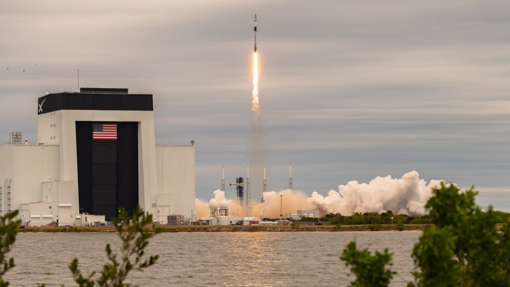 Falcon 9 launching Starlink satellites from Cape Canaveral Space Force Station at dusk