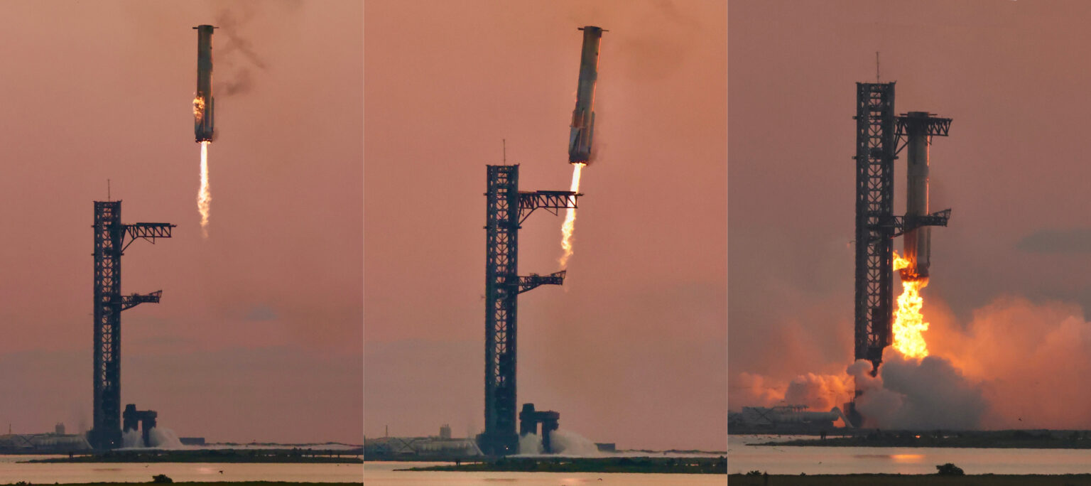 Three photos of Super Heavy returning to the Starbase tower and being caught on Flight 5